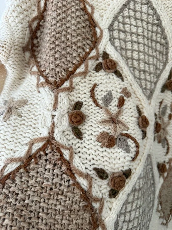 Vintage 90s Sz Lg Cottagecore Grandma Knit Chunky Neutral Sweater Patchwork Tan - Picture 7 of 16